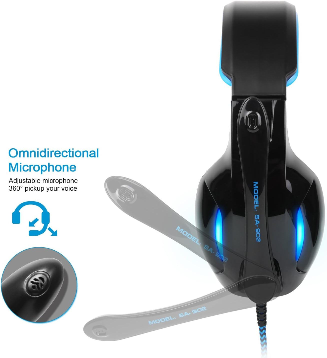 SA902 USB 7.1 Surround Sound Gaming Headset, Over-Ear Headphones with LED Lighting and Noise-Cancelling Microphone