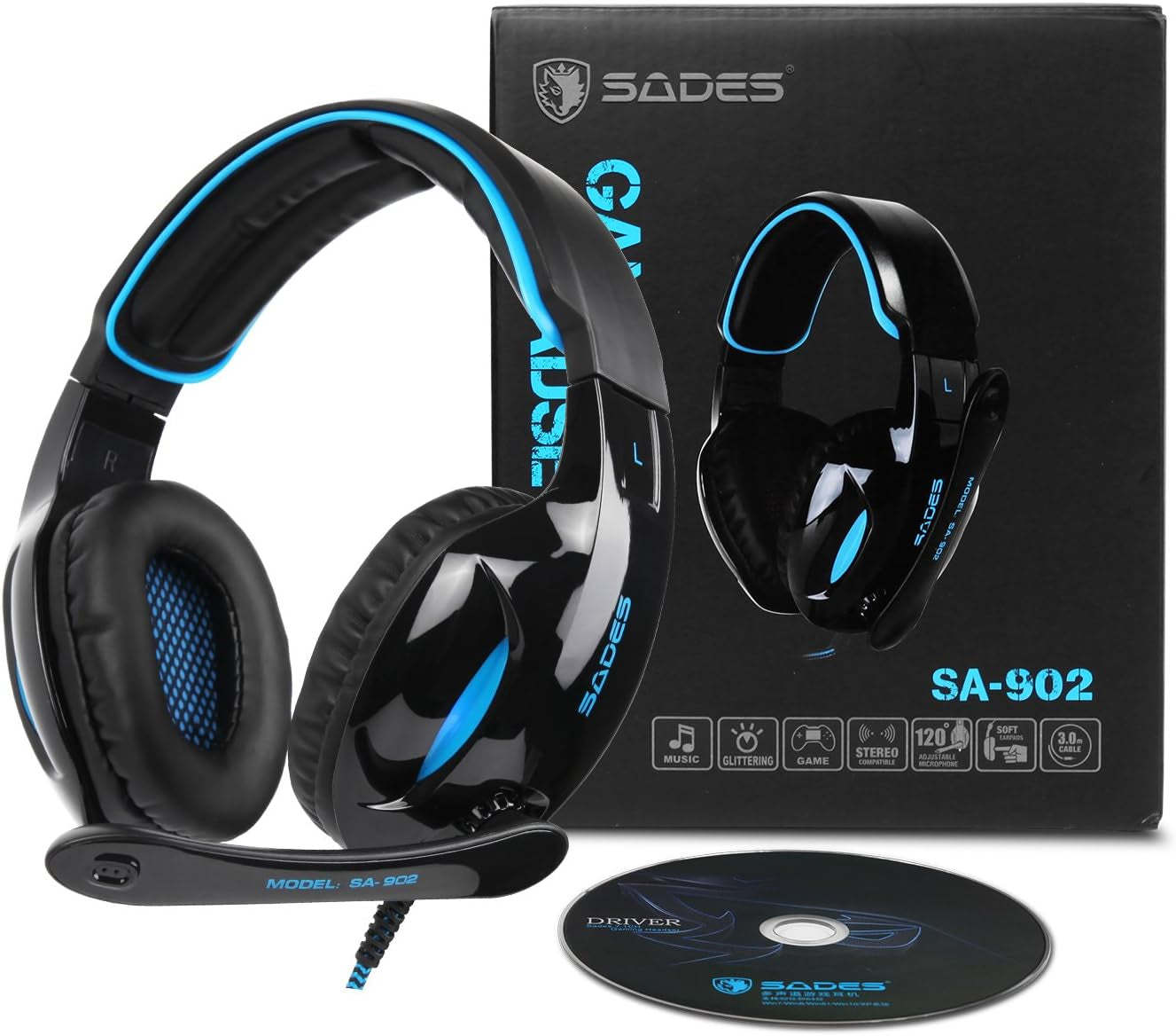 SA902 USB 7.1 Surround Sound Gaming Headset, Over-Ear Headphones with LED Lighting and Noise-Cancelling Microphone