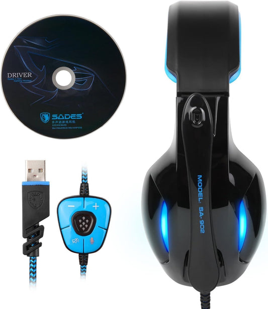 SA902 USB 7.1 Surround Sound Gaming Headset, Over-Ear Headphones with LED Lighting and Noise-Cancelling Microphone