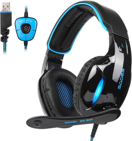 SA902 USB 7.1 Surround Sound Gaming Headset, Over-Ear Headphones with LED Lighting and Noise-Cancelling Microphone