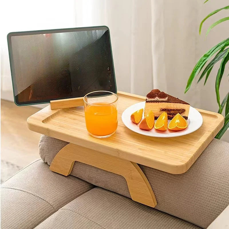 Couch Arm Table, Bamboo Sofa Clip on Tray Tables,Sofa Armrest Tray with 360° Phone Holder,Couch Armrest Table for Eating and Drinking